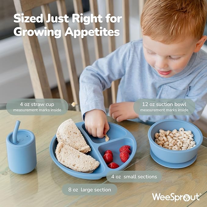 WeeSprout Baby Led Weaning Bundle, Silicone Suction Bowl, Spoons, Bib & Cup, Develops Self Feeding Skills, Dishwasher Safe (Purple)