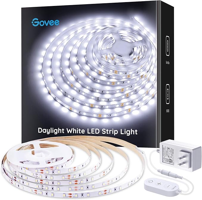 Govee White LED Strip Lights, Upgraded 16.4ft Dimmable LED Light Strip 6500K Bright Daylight White, Strong Adhesive, 300 L...