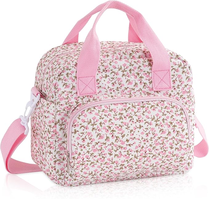 Large Lunch Bag for Women Insulated Lunch Box Reusable Cooler Bag Portable Cute Corduroy Leakproof Tote Bags for Travel, Work, and Picnic, Pink Flower
