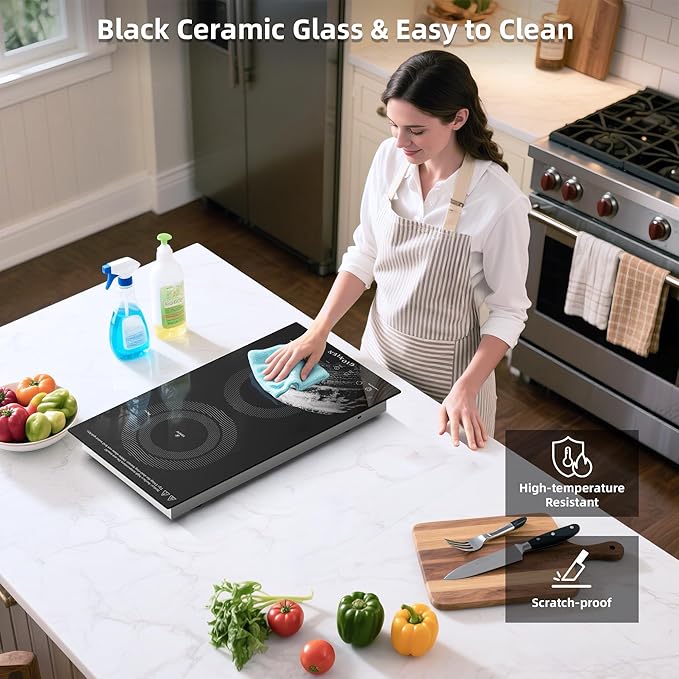 Electric Cooktop 2 Burners 110V~120V, 12'' Plug in Electric Stove Top,Countertop or Built-in,Ceramic Glass,Sensor Touch Control,Timer,9 Power Levels,Portable,1800W