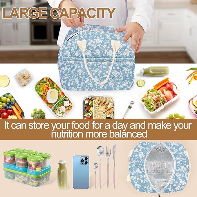 Cotton Quilted Insulated Lunch Bag, Cute Quilted Floral Lunch Tote Bags Reusable Insulated Lunch Box Coquette Aesthetic Large Capacity Insulated Cooler for Women Work Travel Picnic (Light Blue)