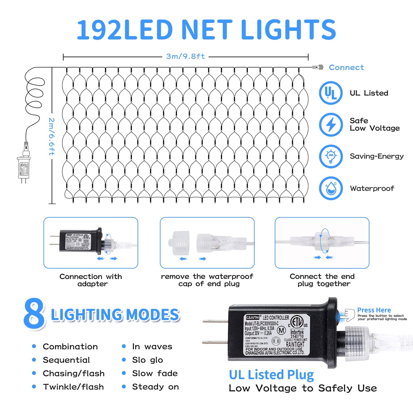 Heyfuni 192 Led Net Lights – Waterproof Blue White Mesh Lights, 8 Modes, 9.8Ft X 6.6Ft, Model Qx-U-O-N-192-Bw