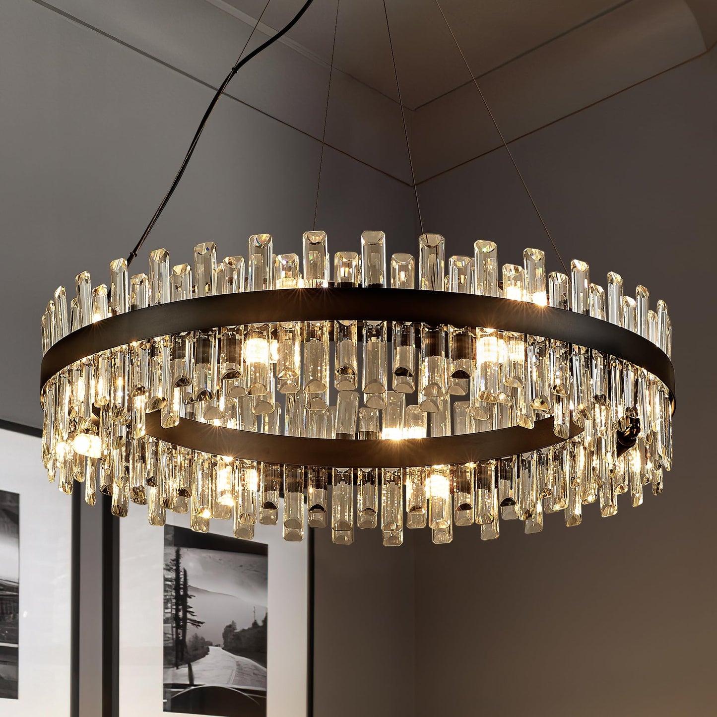 Lighceac 31.9 Black Modern Crystal Chandelier Light Fixtures stylish 2 Ring Crystal Chandeliers For Dining Room 16-Light Round Hanging Pendant Lighting For Living Room Kitchen Island Entryway Bedroom
