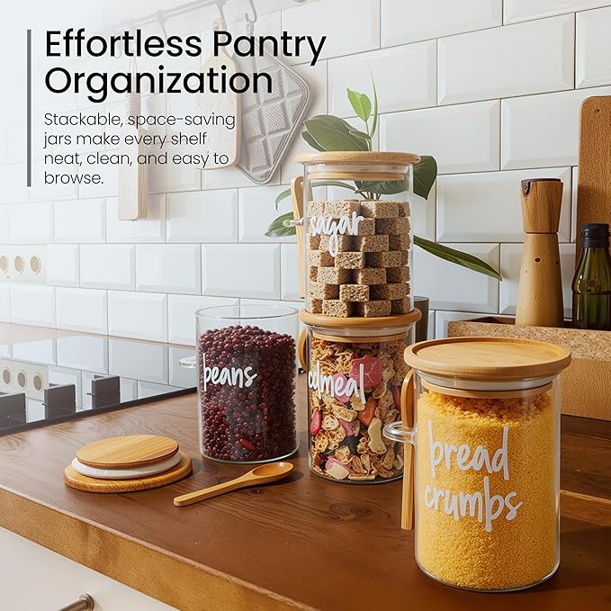 Talented Kitchen Glass Food Storage Containers with Lids - 4-Pack 17 oz Glass - Stackable Kitchen Jars for Pantry, Spice Jars & Coffee Containers for Countertop - Attached Spoons & 157 Labels