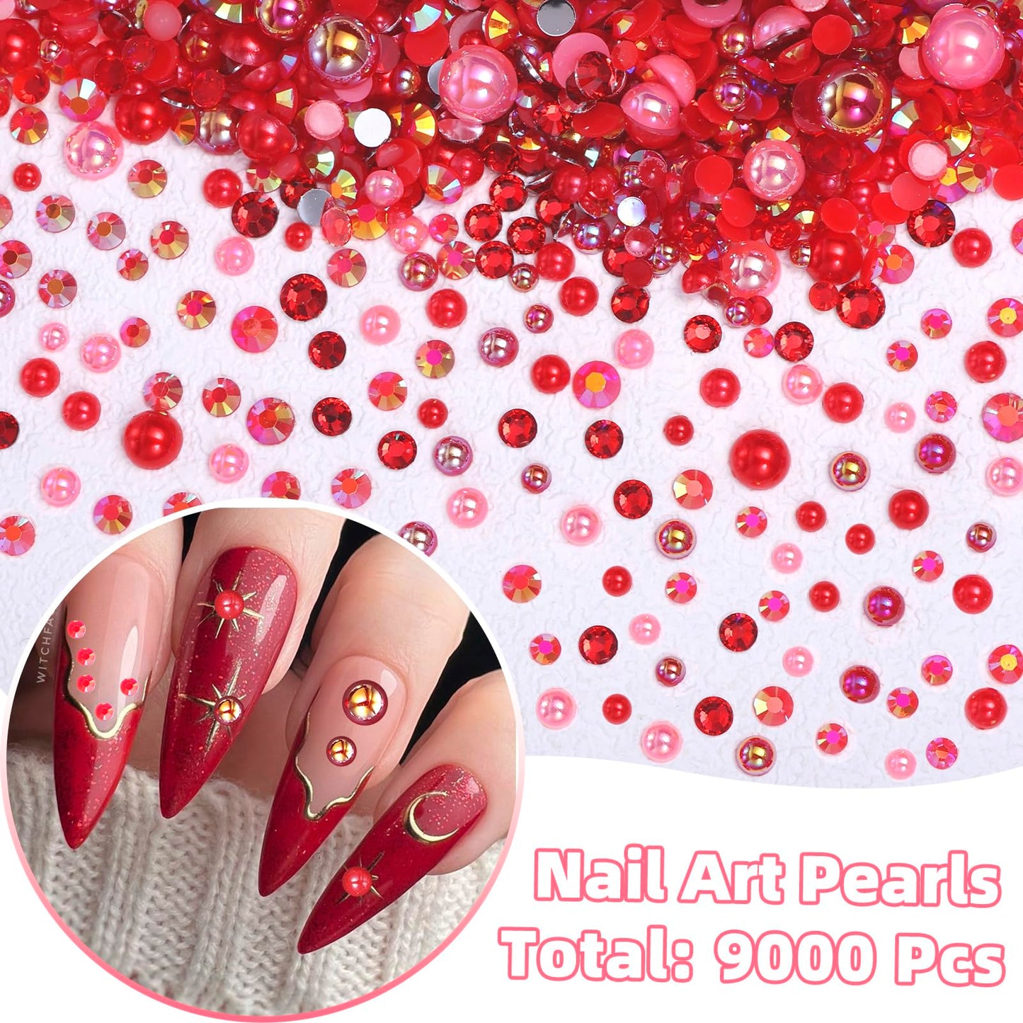 9000 Pcs Red Flatback Pearls and Rhinestones for Crafts, 3/4/5/6mm Jelly Resin Rhinestones, Mixed Size 3/4/6/8mm Half Pearl Beda