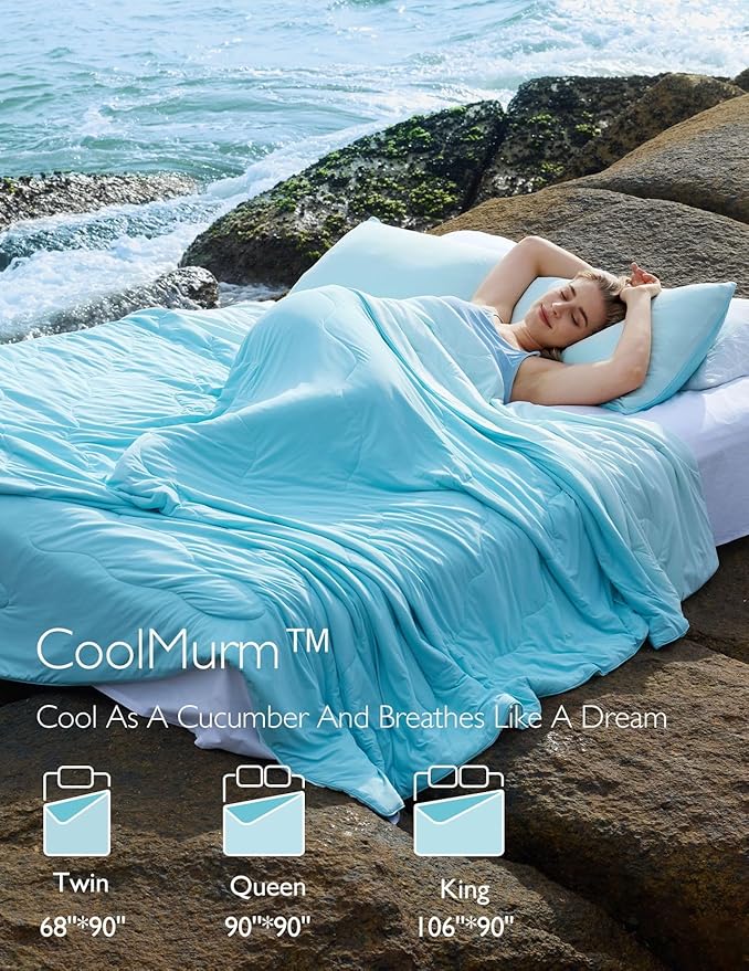 Momcozy Life CoolMurm Cooling Comforter for Hot Sleepers, Full/Queen 90"x90" Pregnancy Cooling Blanket, All-Season Lightweight Soft Breathable Cooling Quilt Duvet, Stay Cool All Night, Deep Light Blue