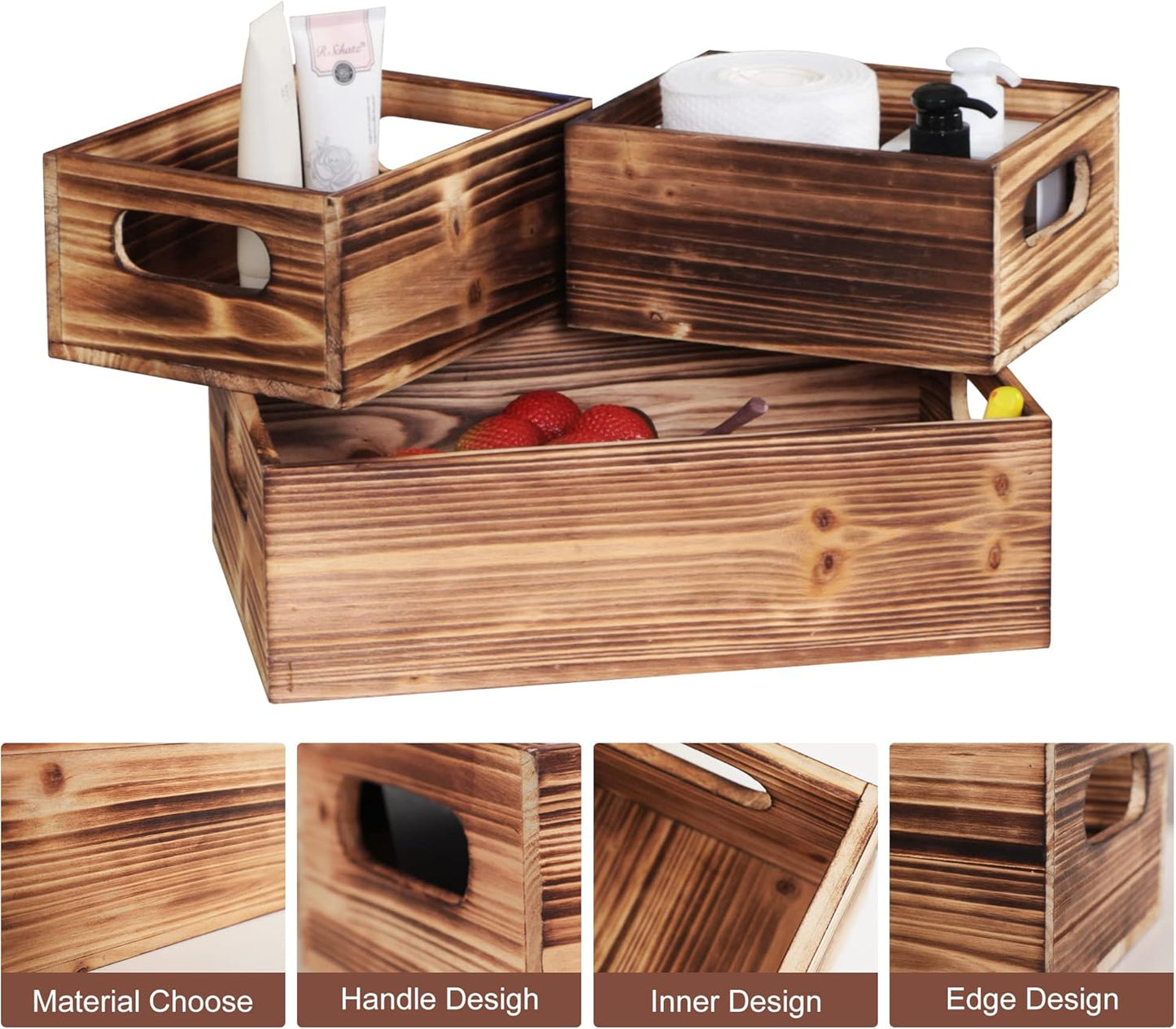 PHOENANCEE Wooden Crate Stackable Decorative Wood Crates set of 3 for Storage Display Rustic Nesting Box Basket Home Decoration Boxes Container Bin with Handles Farmhouse Decor,Solid Pine,L+M+S