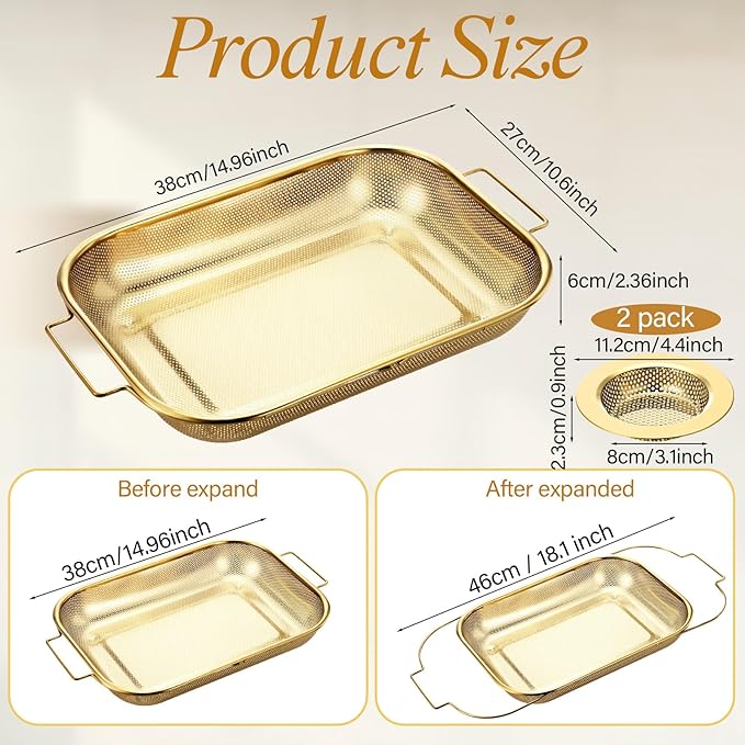 3 Pcs Gold over the Sink Colander and Strainer for Kitchen, Sink Strainer Basket, Collapsible Basket for Kitchen, Fruit Pasta Food Expandable Plastic Colander with Drain Stainless Steel