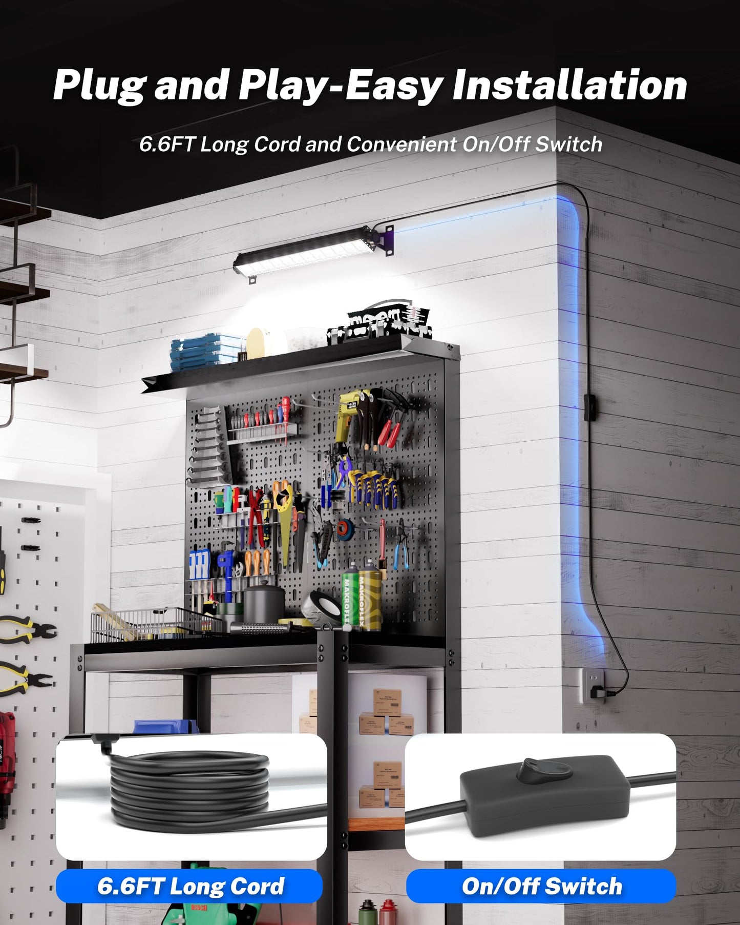 4 Pack LED Shop Lights, 40W 5400LM Plug in Garage Lights with 6.6FT Long Power Cord and On/Off Switch, 6000K Daylight White Work Light for Garage, Workshop, Warehouse
