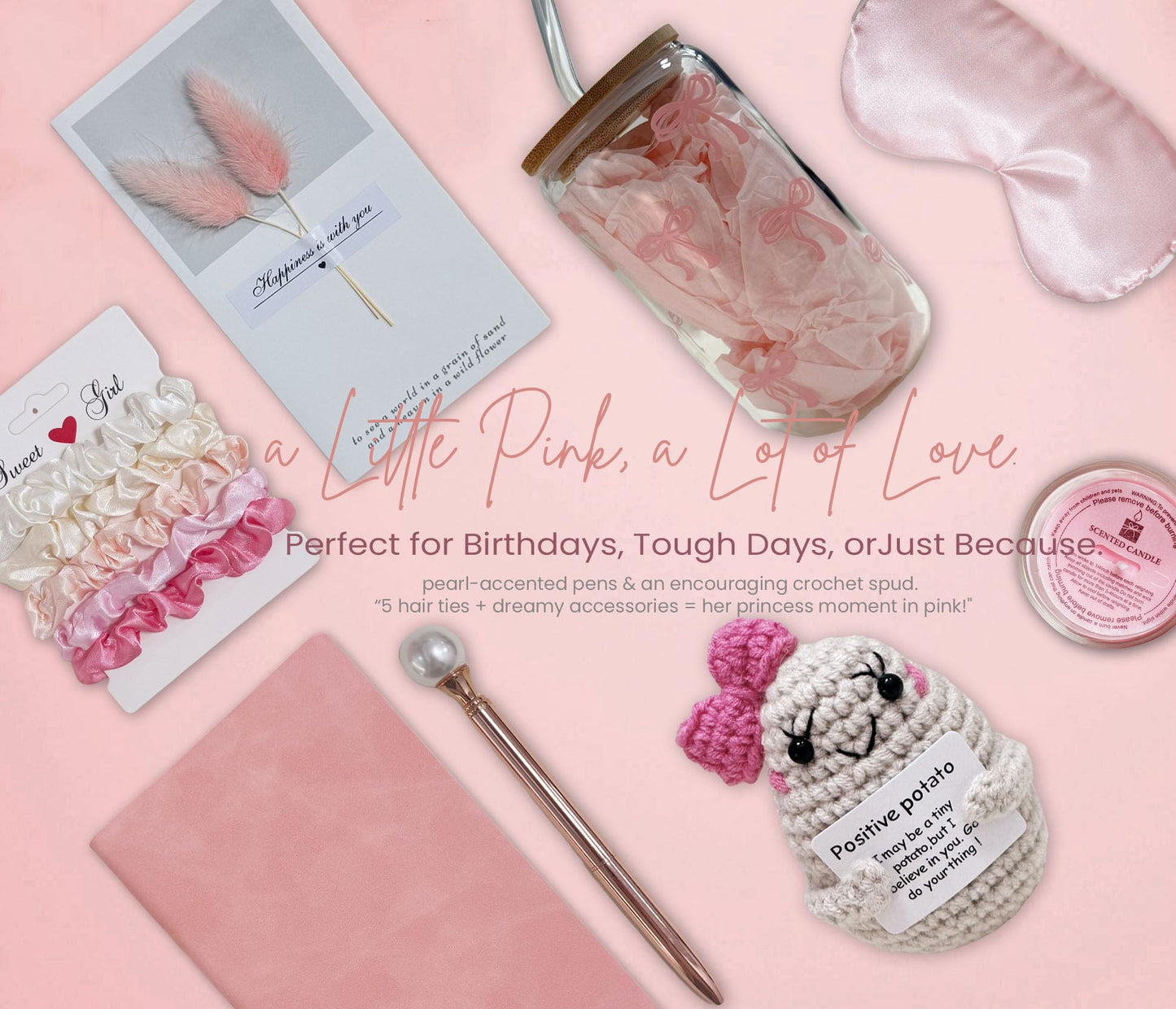 Pink Birthday Gifts for Teen Girls,Inspirational Gifts Basket for Her, Cute Bow Theme Birthday Gifts for Women, Friendship Gifts for Daugther/Sister/Friend /Besite（Pink &Bow)