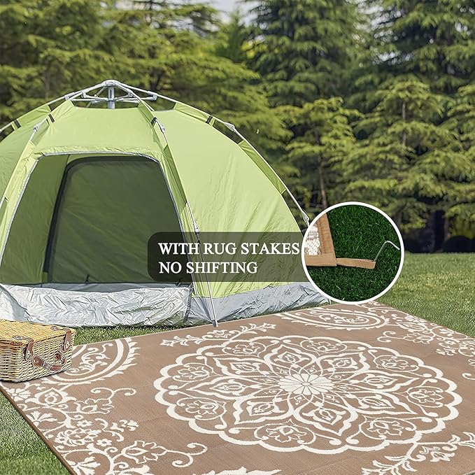 Pauwer Waterproof Outdoor Rug 10x14, Reversible Plastic Straw Patio Camping Rug, Indoor Outdoor RV Mat Carpet for Deck, Camper, Porch, Balcony, Backyard, Picnic, Boho Brown