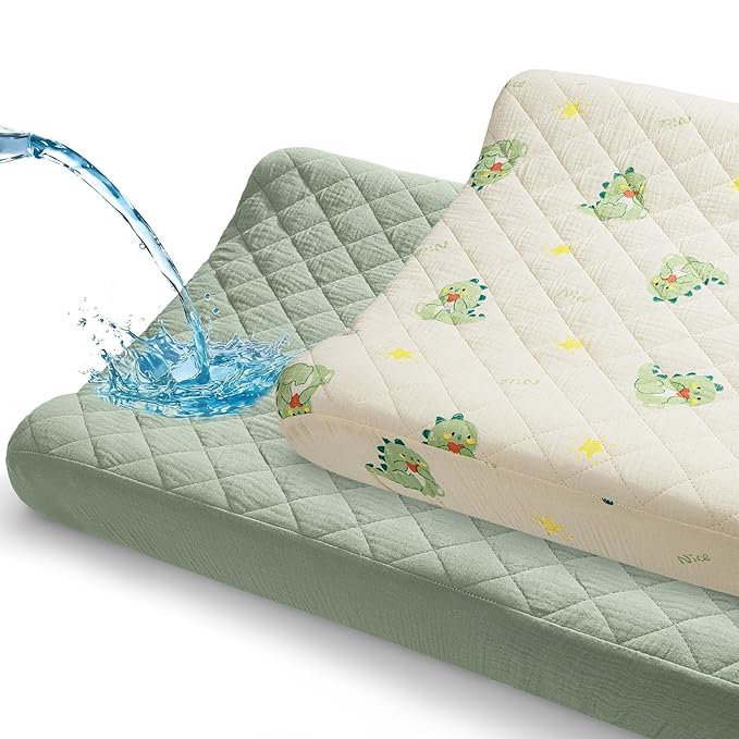 Unicorn Castle Waterproof Changing Pad Cover Muslin Changing Table Pad Cover 2 Pack Quilting for 32"x16" Baby Changing Pad Sheets Girls Boys,Green Dinosaur