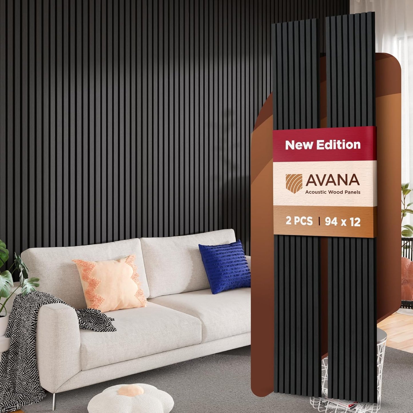 Avana Acoustic Wood Wall Panels – 94.4 x 12.6 Inch Black Oak Acoustic Panels 2 PCs – Wall Panels For Interior Wall Decor For Homes, Offices, Studios – Pleasing Decorative Wood Panels For Wall