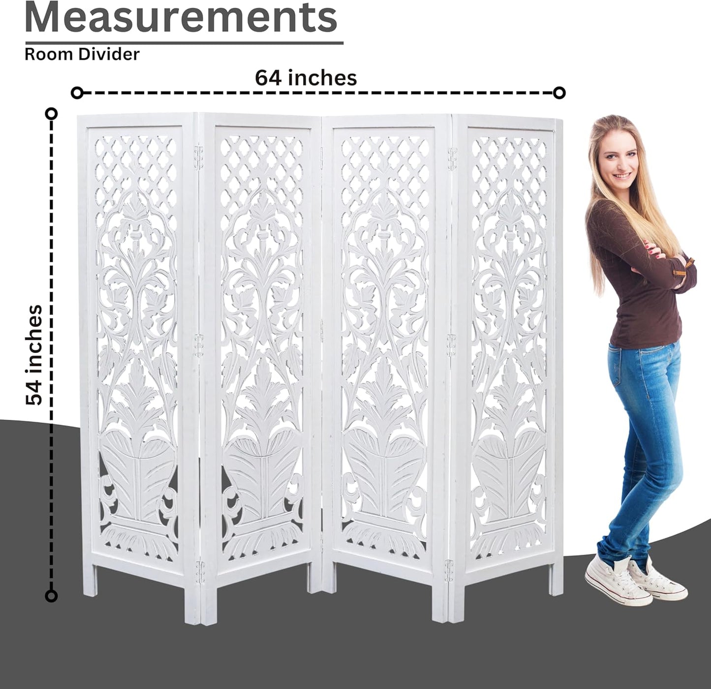 Room Divider Wood Screen Panel – White, 4-Panel Folding 64"x54", Hand-Carved, Reversible Privacy Partition, Decorative & Functional Portable Room Divider for Home or Office