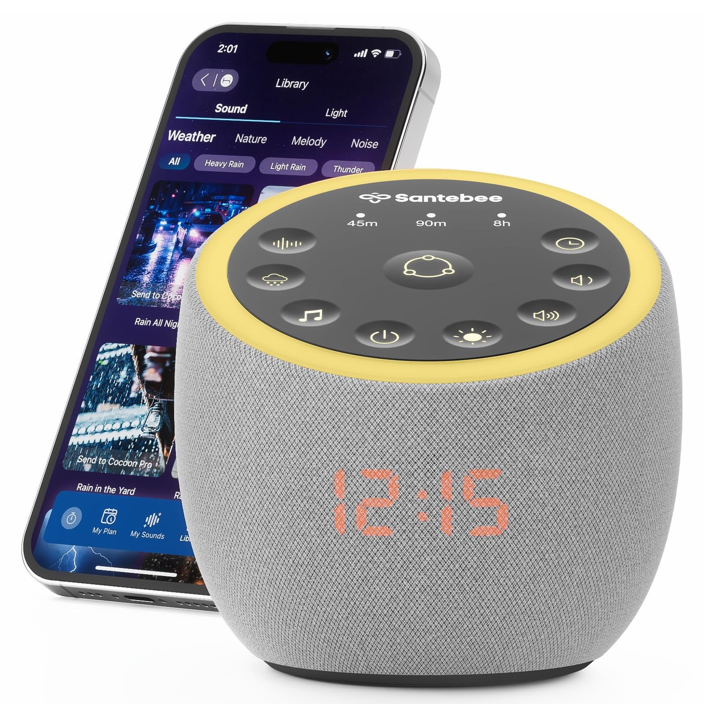 White Noise Sound Machine for Sleeping, 388 Soothing Sounds, Smart APP Control, Custom Buttons, Non Looping Natural Sounds, Bedside Dimmable Clock, Night Light, Santebee for Adults Baby Kids Lullaby