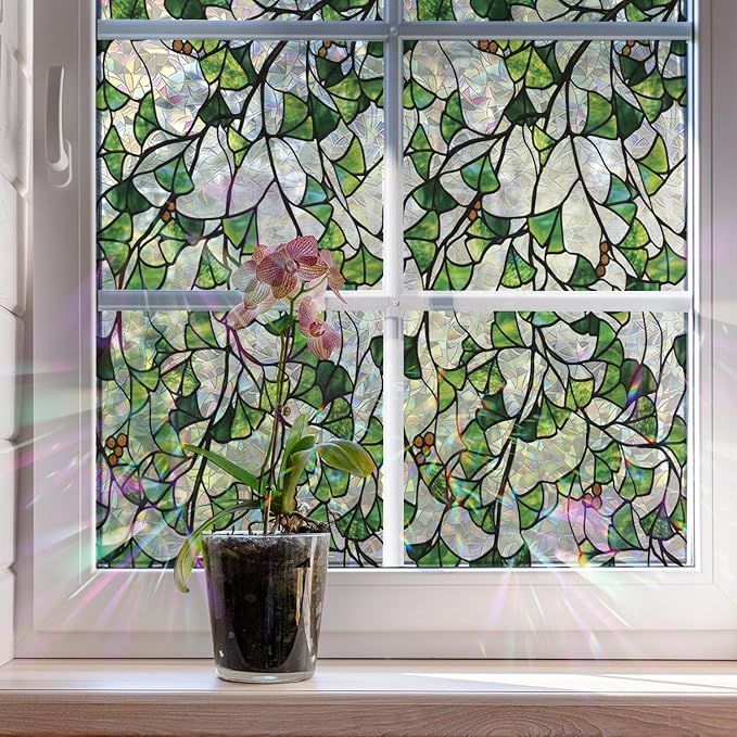 Rainbow Window Privacy Film Stained Glass Handmade Design for Bathroom, Ginkgo Leaves, 39.37'' x 16.92''