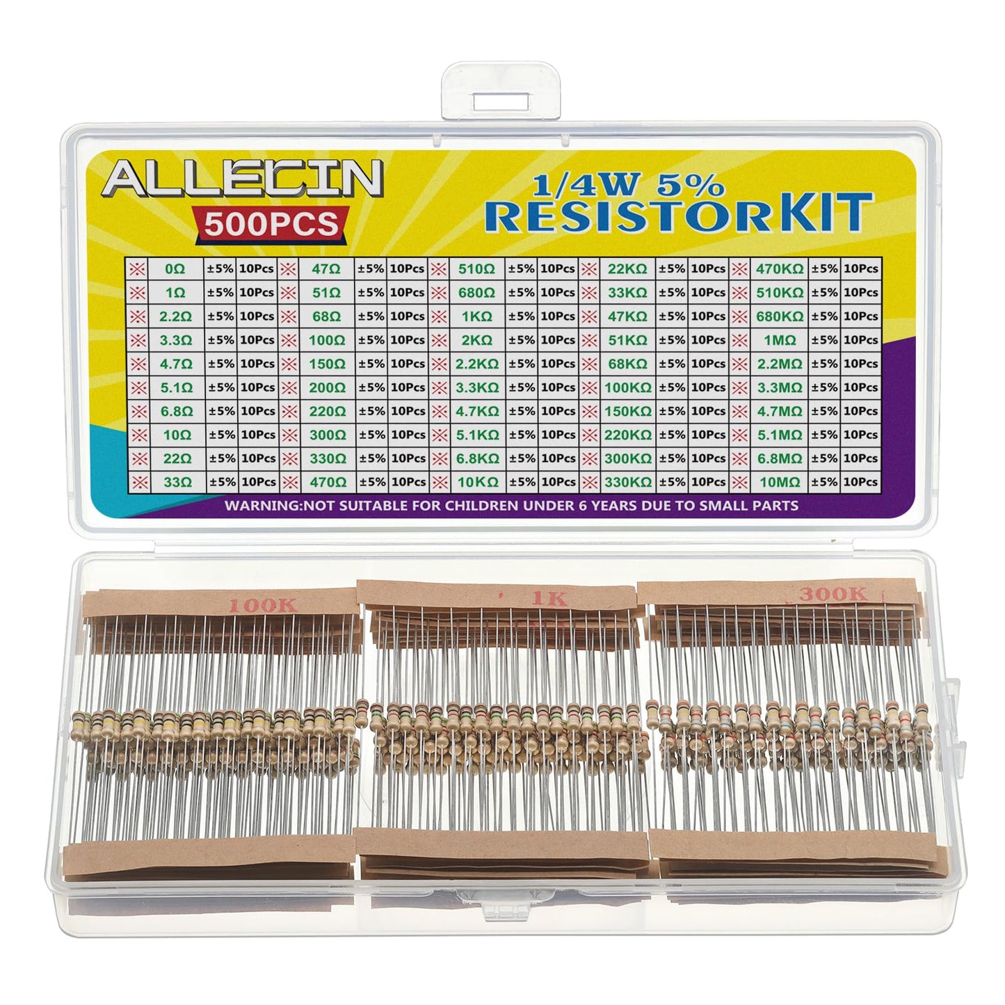 ALLECIN 50 Values 1/4W 0 Ohm to 10M Ohm ±5% Carbon Film Resistor Assorted 1/4 Watt Common Fixed Resistors Assortment Kit
