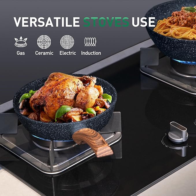 Kitchen Academy Pots and Pans Set Non Stick - 12 Piece Induction Kitchen Cookware Sets, Blue Granite Nonstick Cooking Pans Set