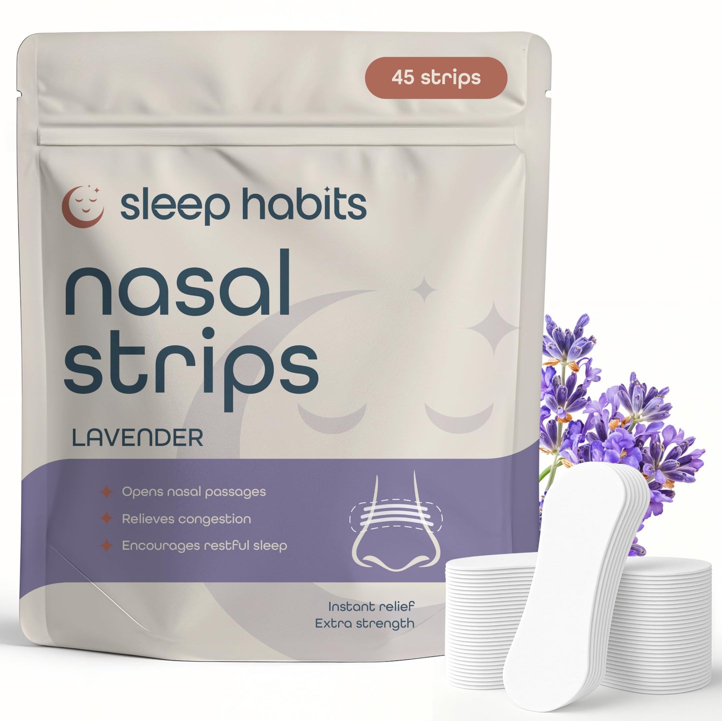 SleepHabits 45PC Breathing Strips, Non-Toxic 3rd Party Tested Nose Strips for Breathing | Nasal Strips for Snoring Solution | Extra Strength for Sensitive Skin | Nasal Strips for Sleeping, Lavender