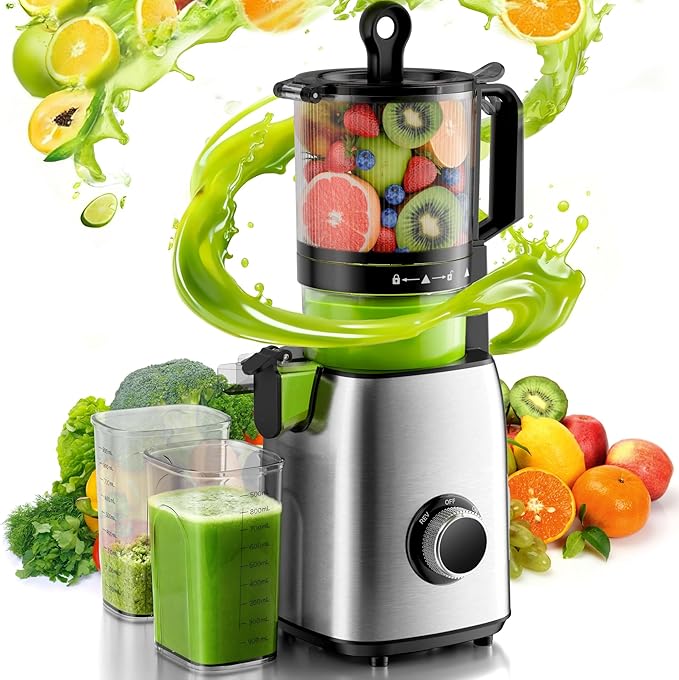 Kismile Cold Press Juicer, 5.4" Wide Feed Chute Slow Masticating Juicer with High Juice Yield, Stainless Steel Juice Machine for Fruits and Vegetables, Includes 1.2L Pulp Bin & 1L Juice Cup