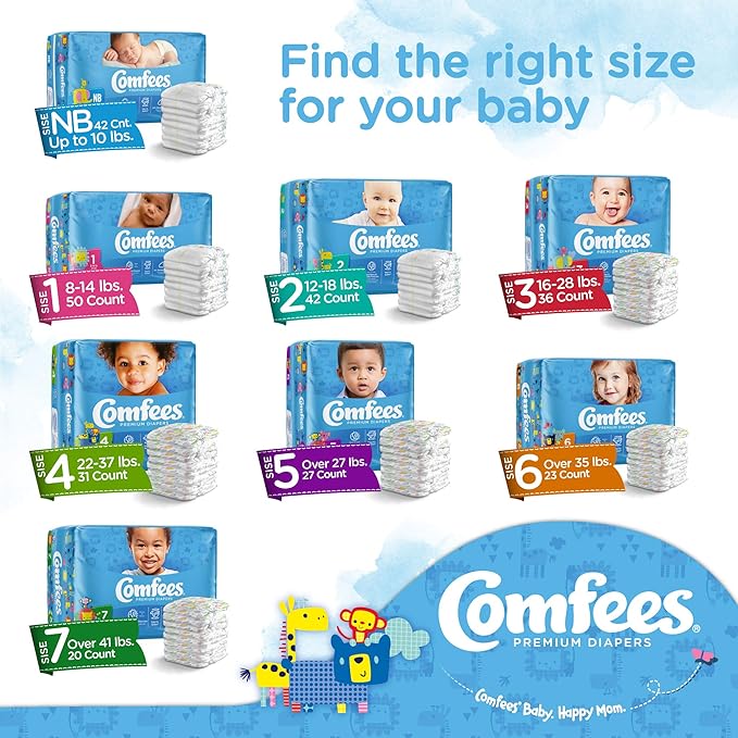 Comfees Premium Baby Diapers with Total Fit System for Boys & Girls, Size 7, 80Count