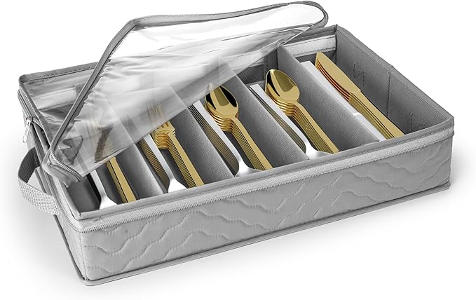Sorbus Flatware & Utensil Storage - Gray Fabric Chest Box for Storage and Organizing Utensils, Silverware, Flatware, Cutlery - Silverware Organizer Container with Zipper Clear Lid & Adjustable Divider
