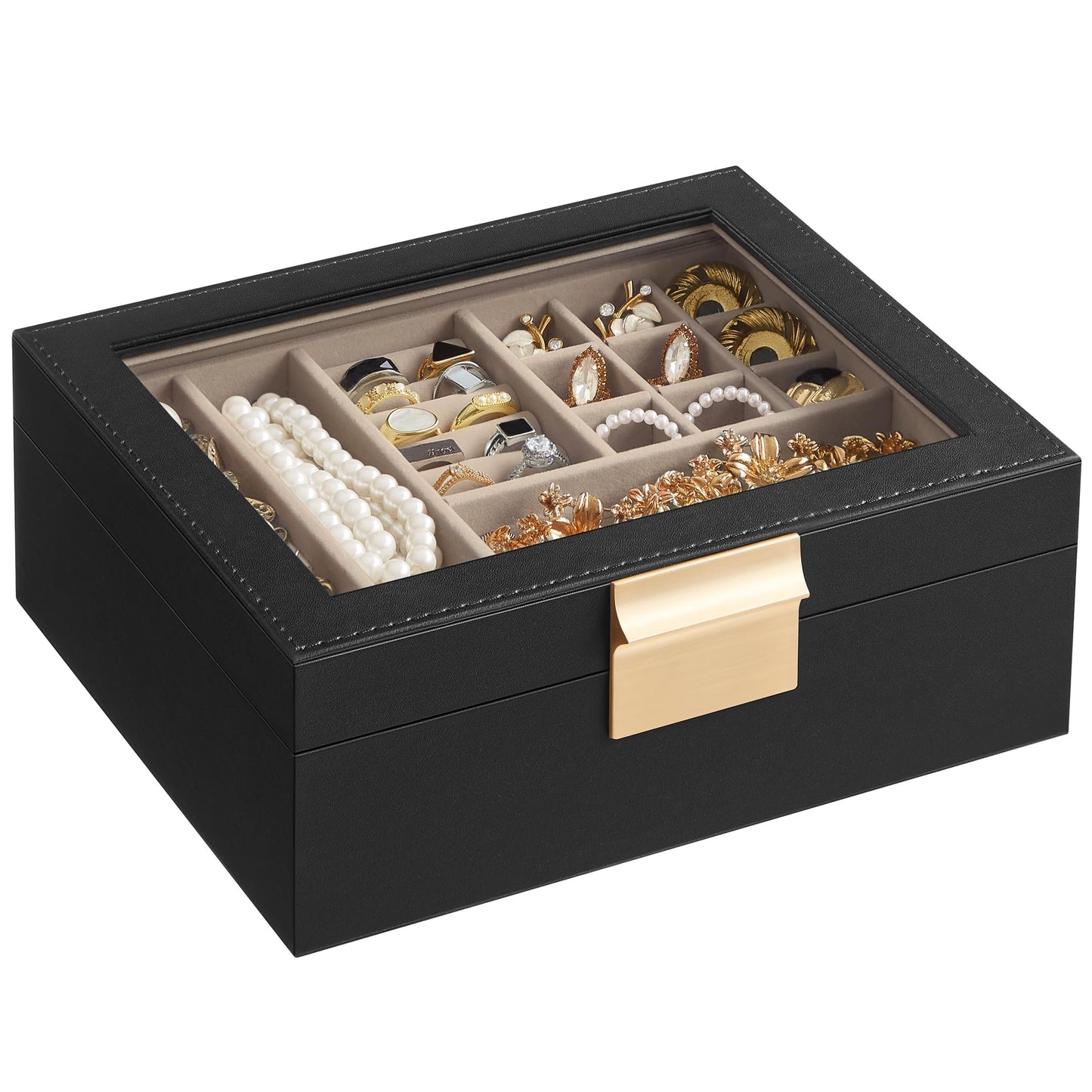 SONGMICS Jewelry Box with Glass Lid, 2-Layer Jewelry Organizer with Removable Tray, Jewelry Storage, Modern Style, Gift for Love