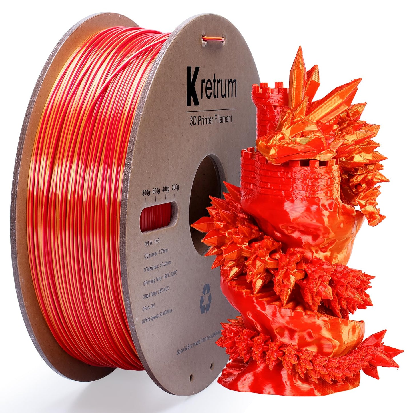 Kretrum Silk PLA Dual Color 3D Printer Filament Color Changing 1.75mm Silk PLA Printer Filament 1.75mm Multicolor 1kg /2.2lbs Sp