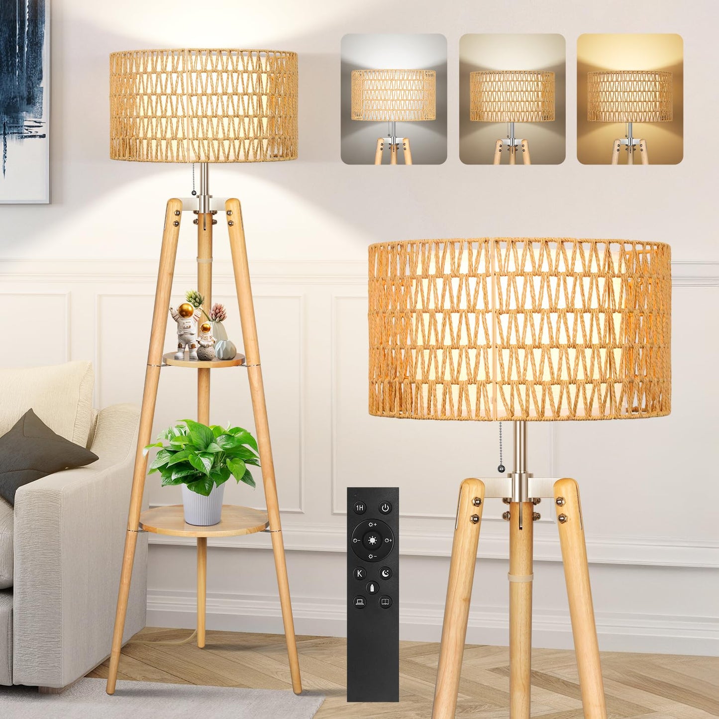 OUTON Rattan Tripod Floor Lamp, Dimmable with Remote Control, Wood, Modern Design for Living Room, Bedroom, Office