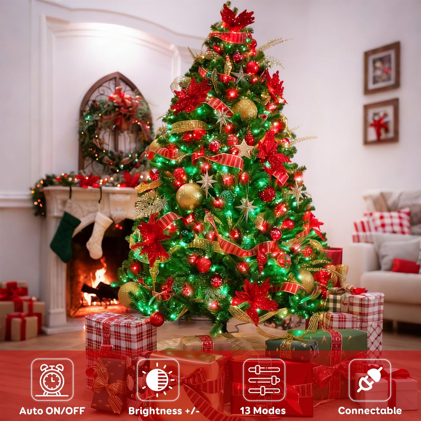 88Ft 240Led Extra-Long Connectable String Lights Indoor Outdoor Clear Wire  Red&Green Christmas String Lights  Plug In Twinkle Fairy Light With Timer For Wedding Patio Tree Yard Christmas Decorations