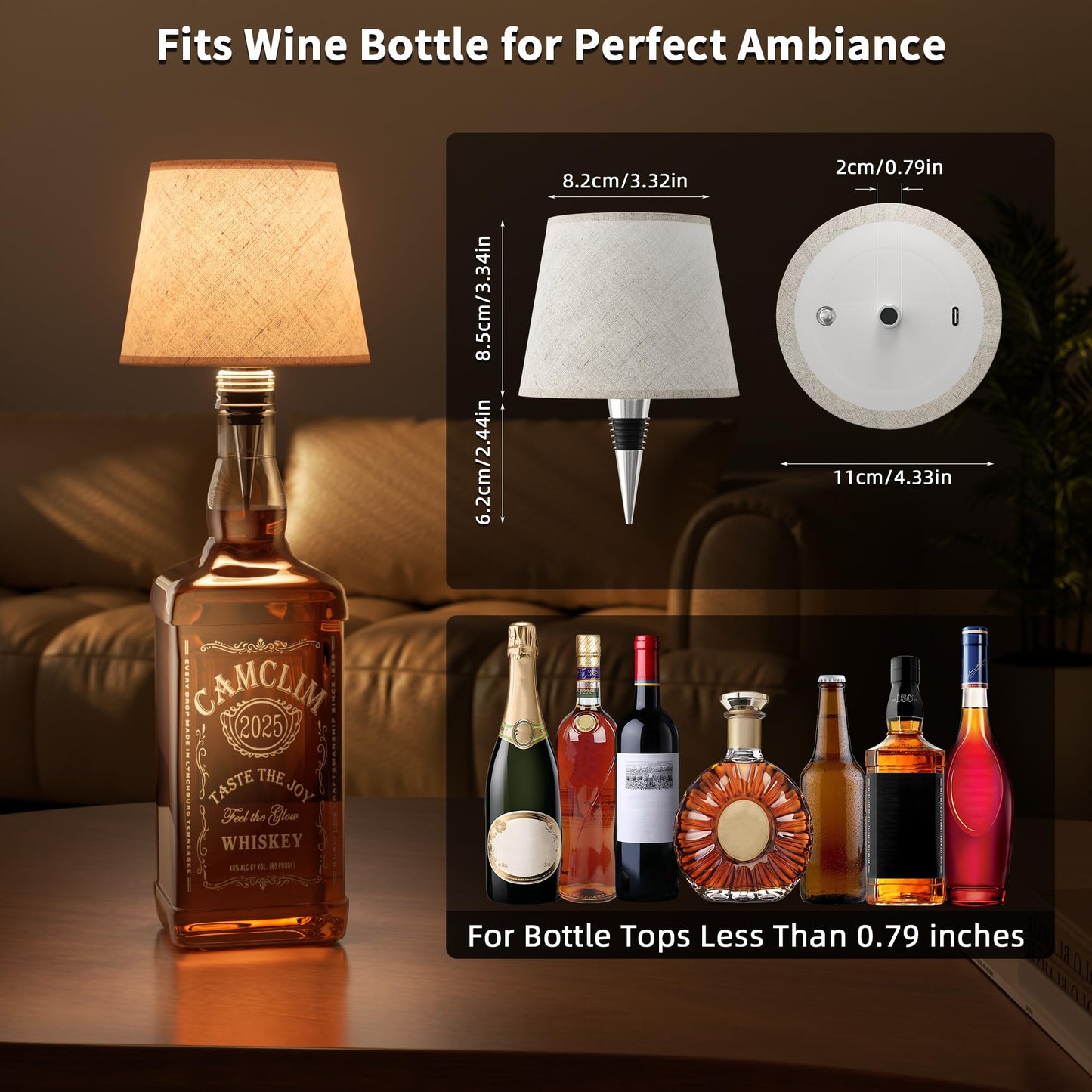Wireless Wine Bottle Lamp Shade: Liquor Bottle Stopper Light With Remote Control Dimmable Cordless Portable Rechargeable Led Battery Operated spirit-inspired flavor Bottle Lampshade For Bedside Bar Bedroom Decor