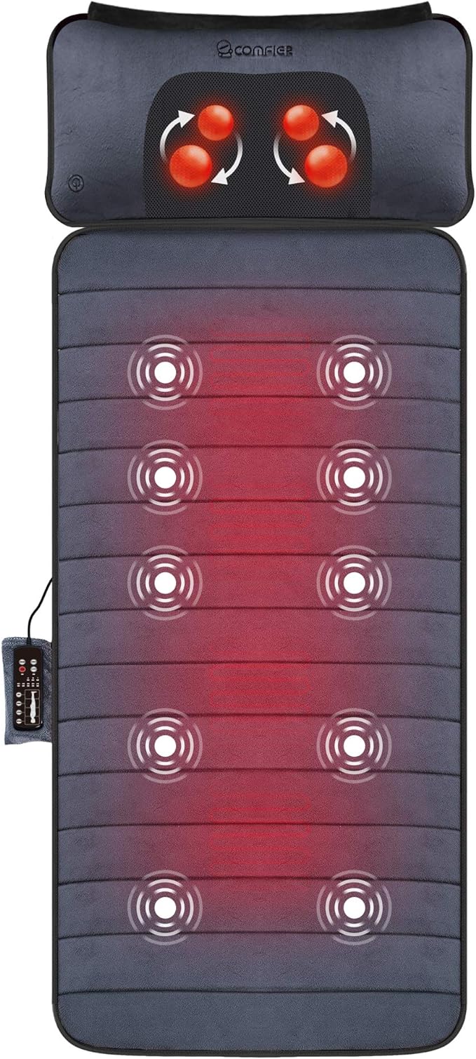 COMFIER Full Body Massage Mat with Movable Neck Pillow, 10 Vibrating Motors & 4 Heating Pads, Back Massage Pad, Father's D...