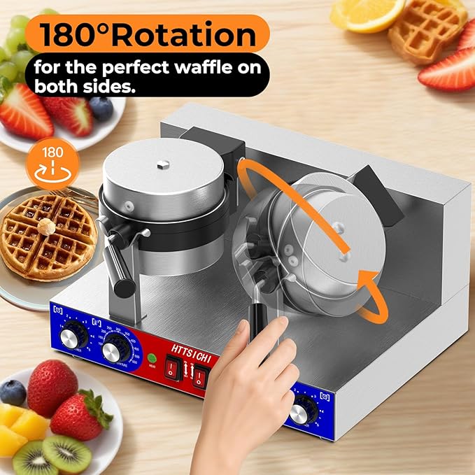 Commercial Belgain Waffle Maker - Rotating Double Waffle Maker w/Non-stick and 1.2 in Thick, Filp Belgian Waffle Machine w/ 122-572℉ Temp Range and Timer, Stainless Steel Waffle Iron, 2400W