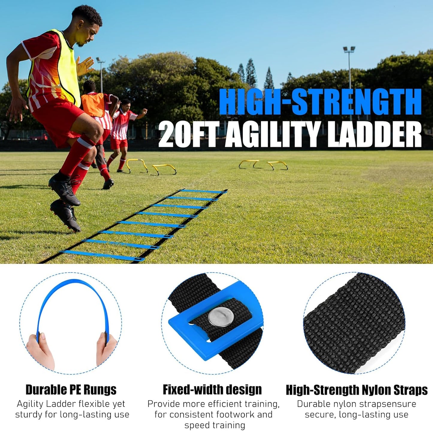 Agility Speed Training Equipment Set, Football Practise Set with 20ft Agility Ladder, 12 Cones, 4 Adjustable Hurdles, Jump Rope, Parachute, for Basketball, Soccer, Football, Kids, Youth, Adults