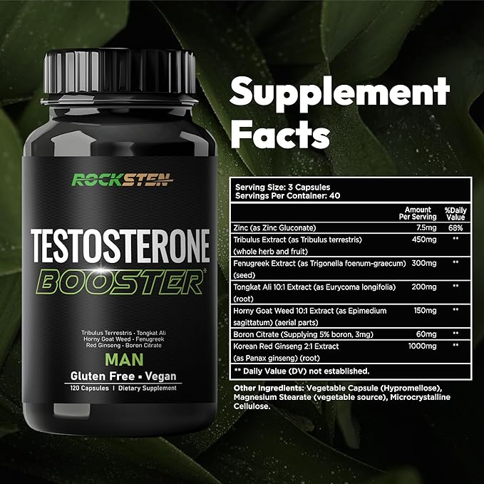 Testosterone Booster Men Supplement - Male Enhancing Support with Tribulus Terrestris Tongkat Ali Fenugreek Red Ginseng - Stamina Energy Test Boost Capsules for Muscle Growth Body Building Workout