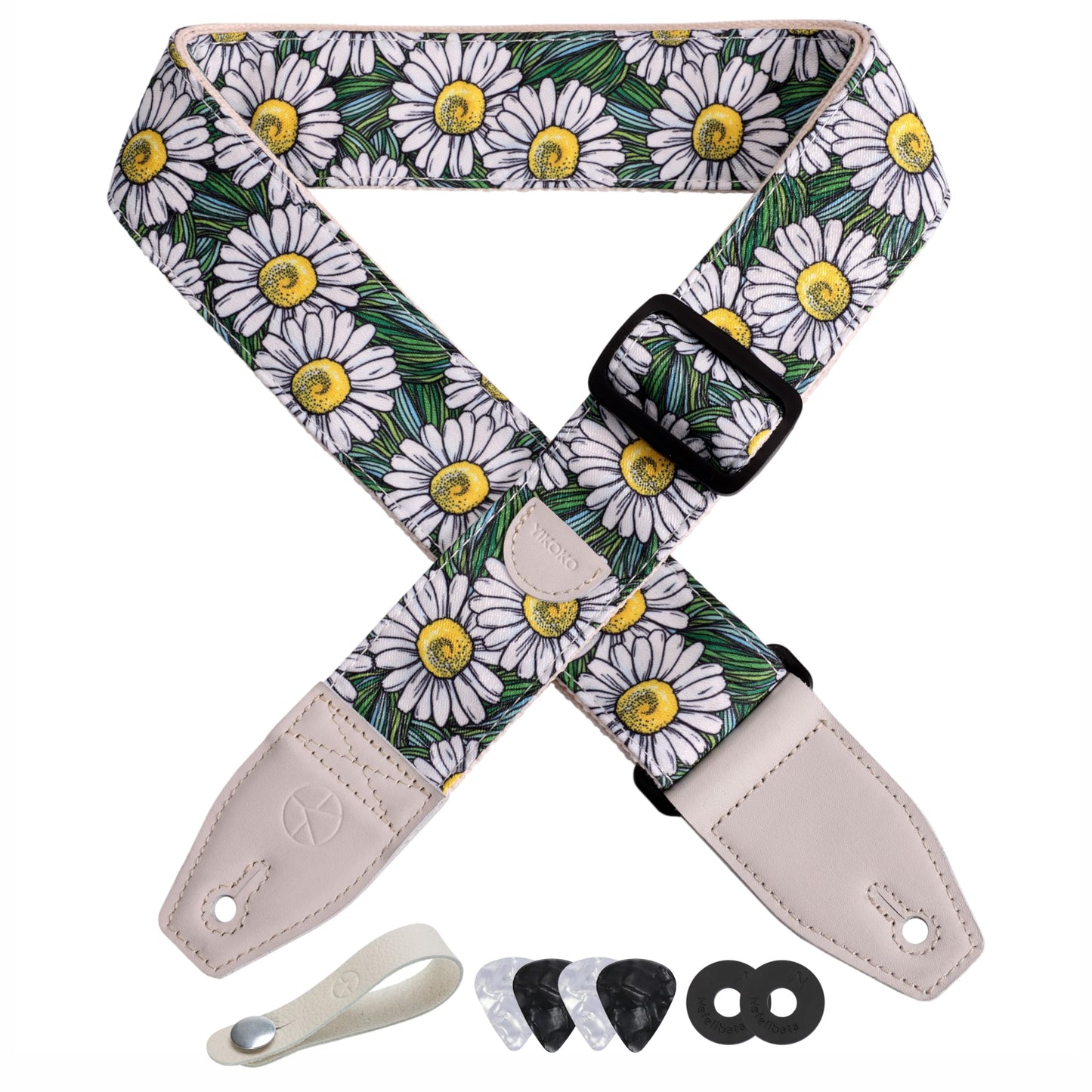 YIKOKO Guitar Strap 2, Cotton Print Floral Guitar Straps with Full Grain Leather End, for Bass, Electric and Acoustic Guitars, F