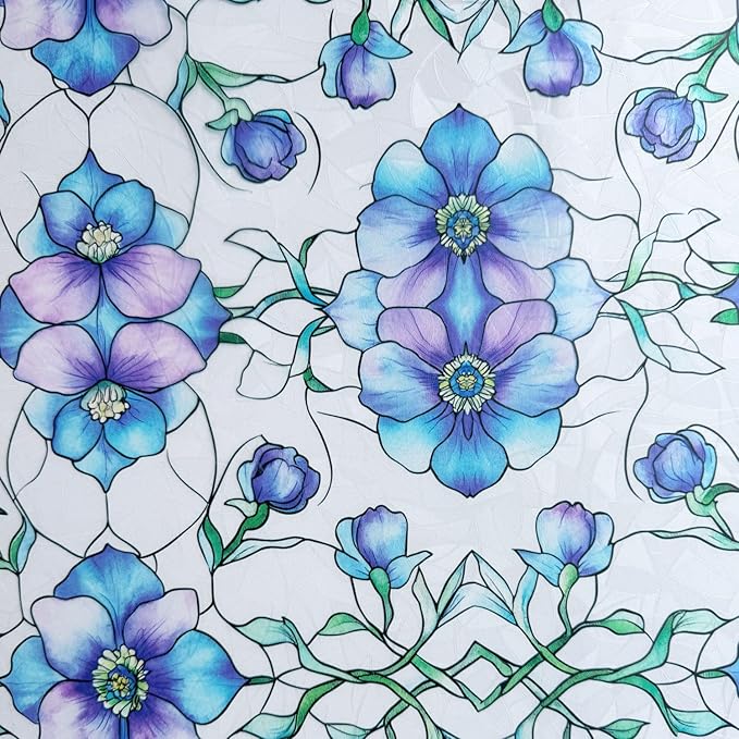 Etched Window Privacy Film Blue Purple Floral Sliding Glass Door Tint No Glue Static Cling Decals 3D Rainbow Decorative Covers Iridescent Anti UV Removal DIY Home Office,35X78.7in.