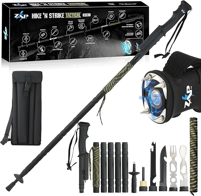 ZAP Hike 'n Strike 18-in-1 Tactical Walking Stick with Detachable Stun Device Flashlight & Integrated Survival Kit | Feel ...