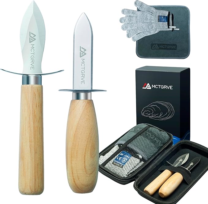 Oyster Shucking Knife and Glove Set - Oyster Shucker Kit with 2pcs Knife, 1pair Level5 Protection Gloves, 1pc Kitchen Cloth - Seafood Opener Tools in Storage Bag (Black) - Great Gifts