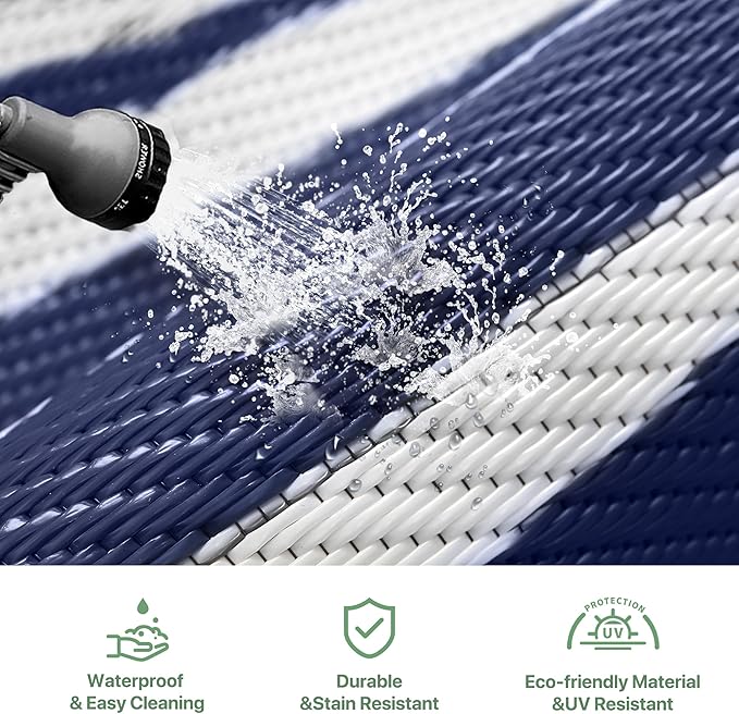 GENIMO Outdoor Rug Waterproof for Patio Decor, 5'x8' Reversible Plastic Straw Rug Carpet, Camping Mats for Outdoor, RV, Backyard, Deck, Balcony, Picnic, Blue & White