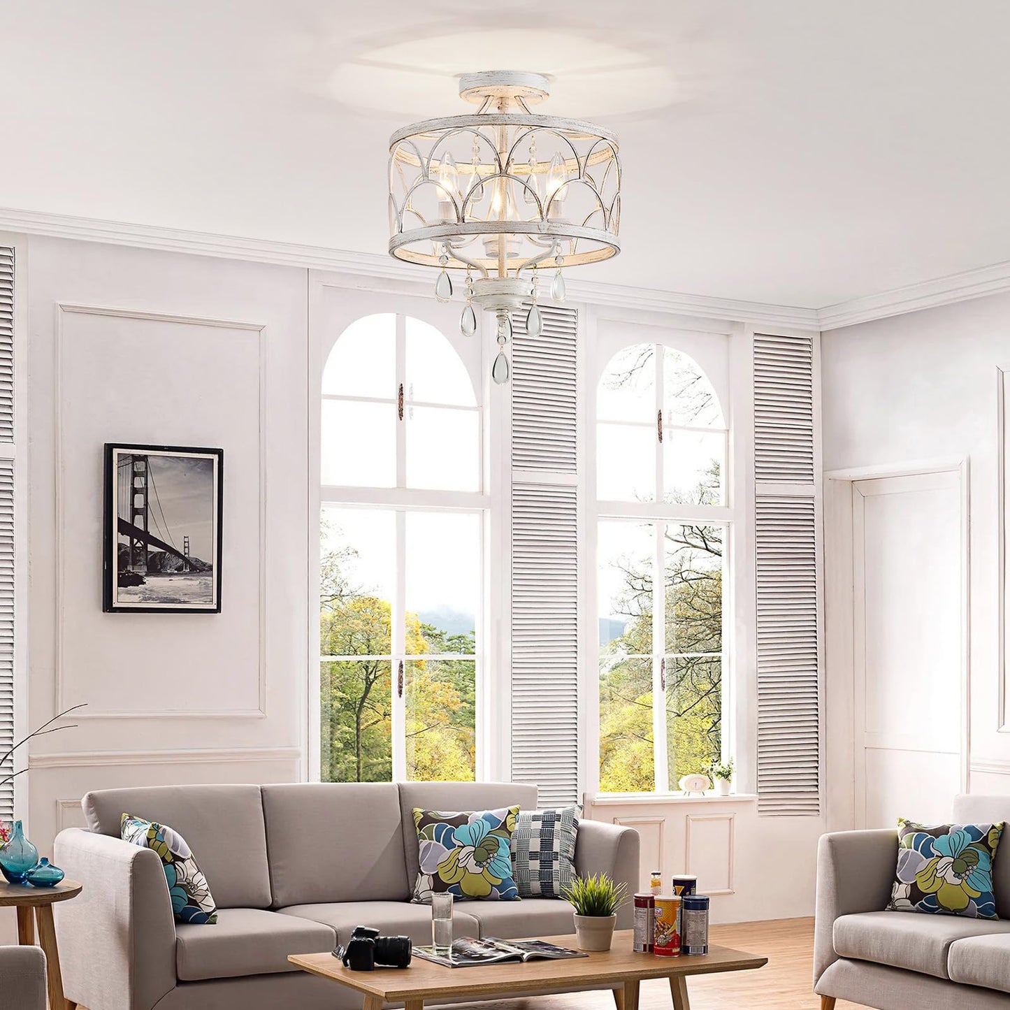 Crystal Ceiling Light Fixture  Modern Small Chandelier Light Fixture  Farmhouse White Semi Flush Mount Ceiling Light  Round Hallway Lighting Fixtures For Bedroom Entryway Dining Room Living Room