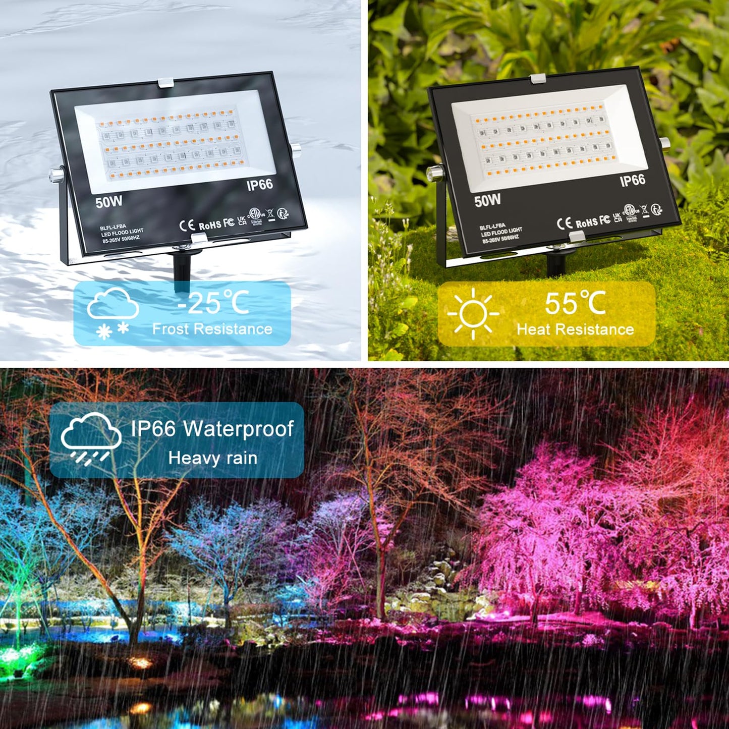ChangM LED Flood Light - 500W Equivalent, 5000LM, Bluetooth RGBW, IP66 Waterproof, 50W-4Pack with Ground Stakes