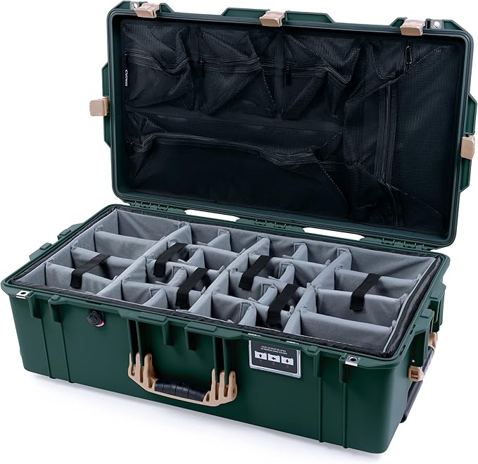 Trekking Green Pelican 1615 Air case with Tan Handles & latches. Comes with Grey Padded dividers & lid Organizer.