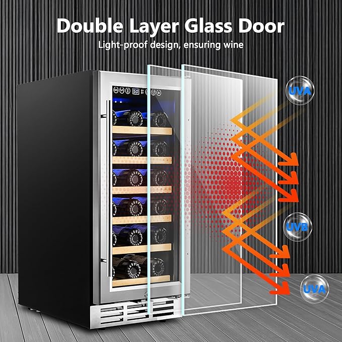 15 Inch Wine Cooler Refrigerator, 30 Bottle Wine Fridge with Removable Shelves, Wine Fridge Under Counter for Built-In or Freestanding, Wine Refrigerator with Double-Layer Glass Door, for Home, Office