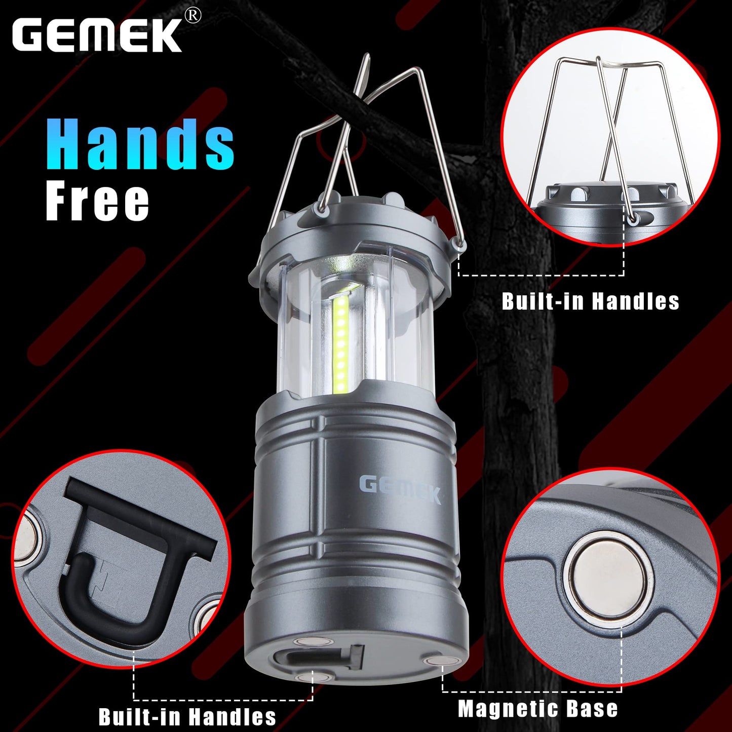Gemek Led Camping Lantern - Portable Battery Powered, Magnetic Base, Collapsible Hook, Gray, Model Gd0131