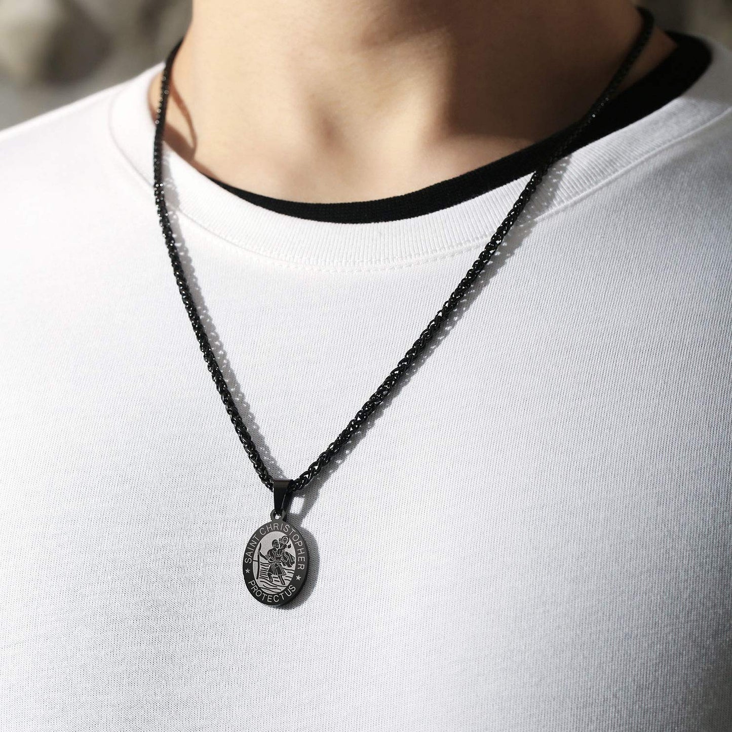 P. BLAKE Saint Christopher Medal Necklace for Men Teen Boys, Black St Christopher Pendant Chain Catholic Religious Jewelry First