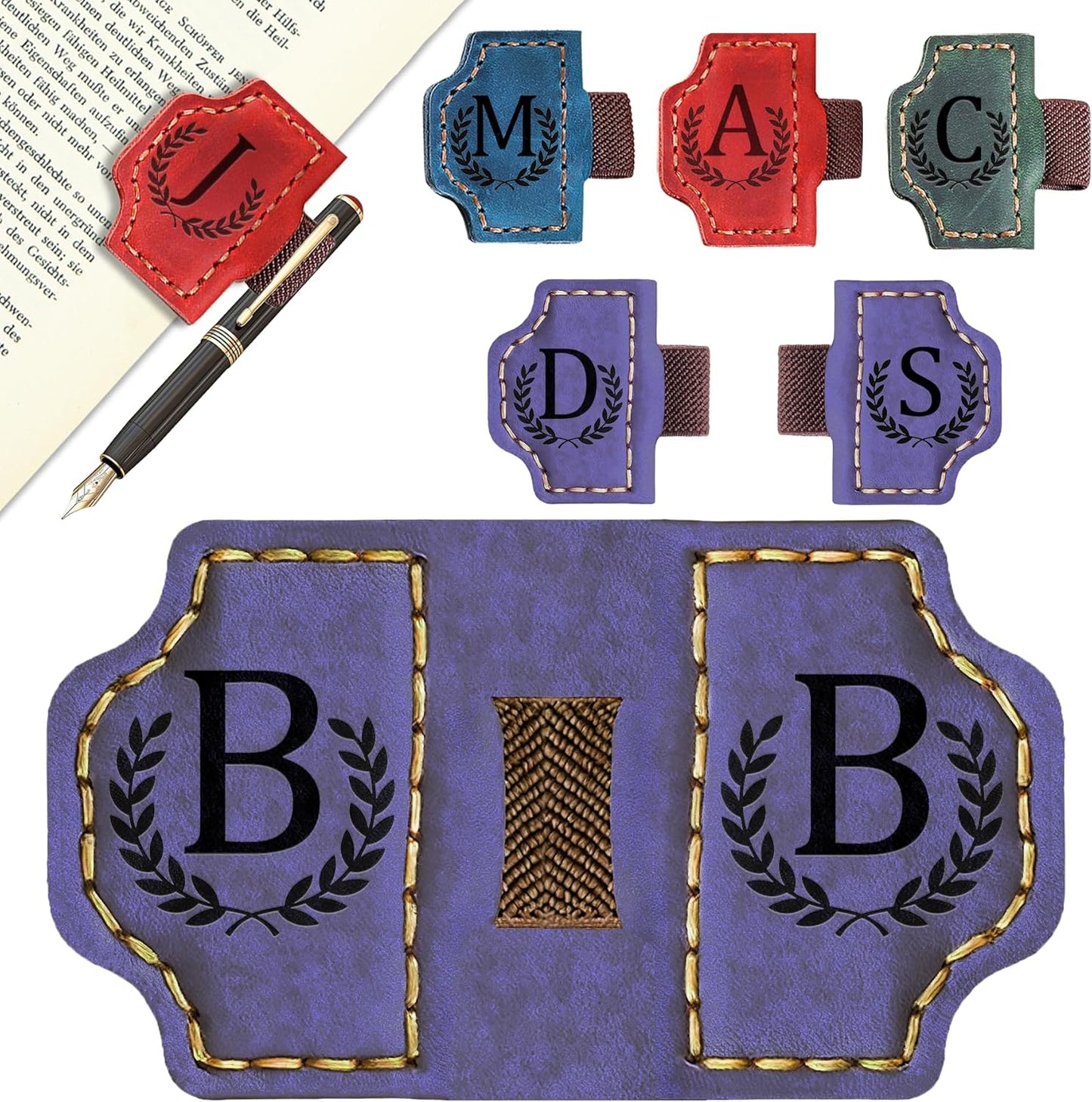 Bygone Mark Bookmark with Pen Holder, 26 Letters Name Initial Personalized Magnetic Bookmarks, Leather Book Mark for Men Women, Travelers Accessories, Teachers Readers Book Lovers Gifts (Purple, B)