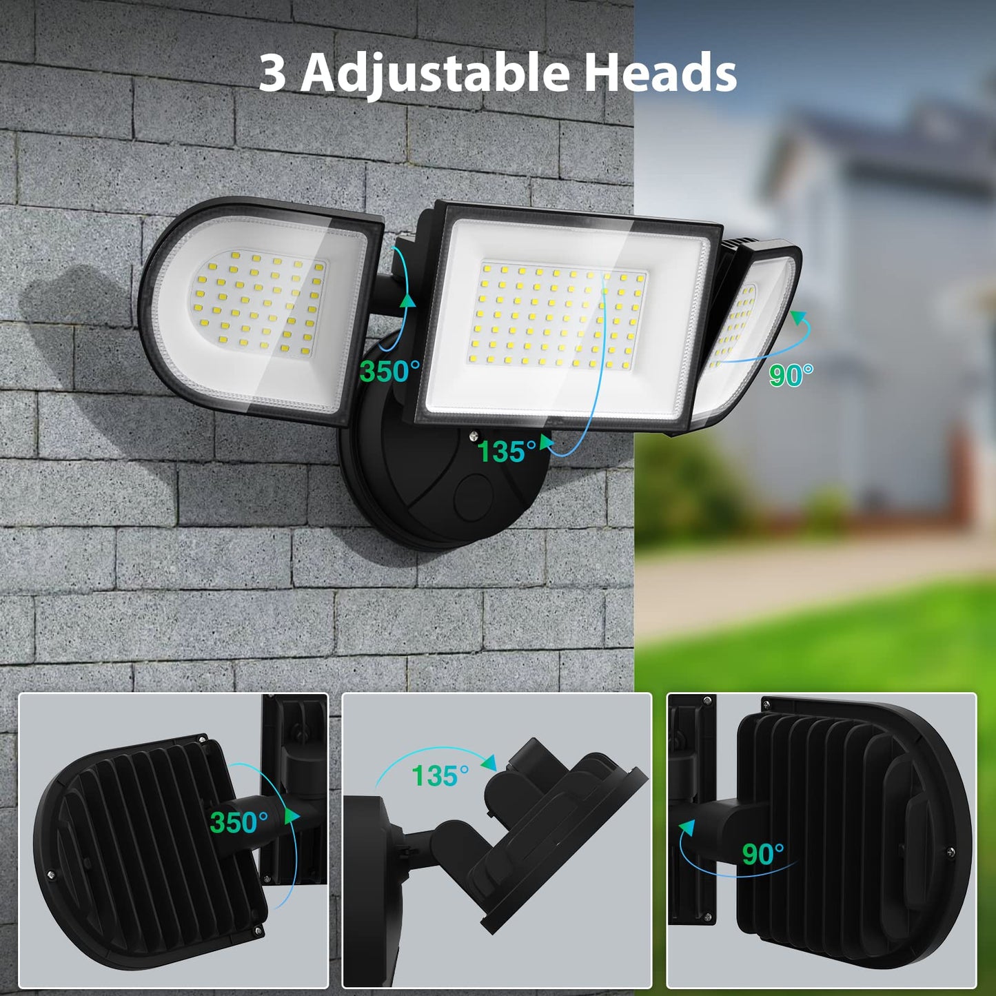 iMaihom 100W LED Flood Light, 9000LM, IP65 Waterproof, 3 Adjustable Heads, 6500K Daylight White, Black, Model BDD100-3,