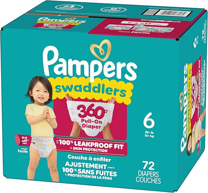 Pampers Diapers - Swaddlers 360° - Size 6, 72 Count, up to 100% Leakproof Comfy Dry Fit, Designed for Easy Changes, Pull On Baby Diaper (Packaging May Vary)