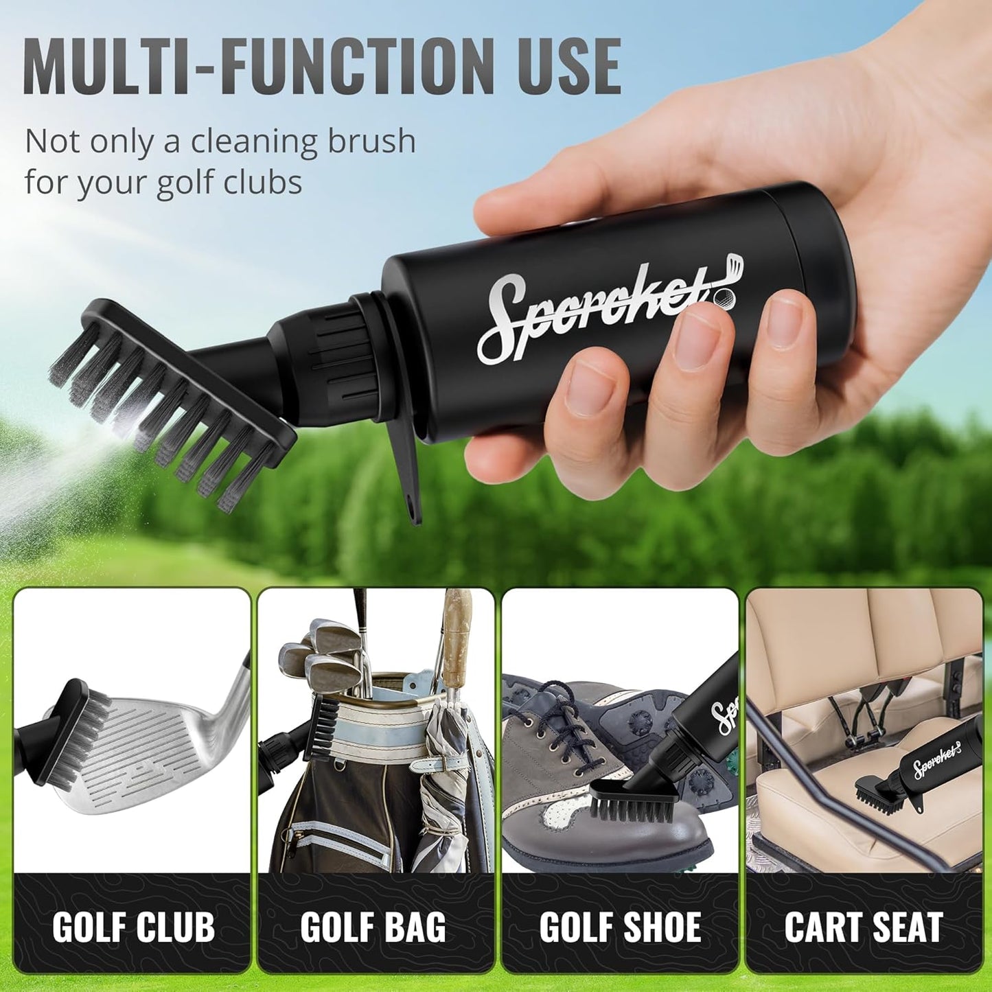 Pro Golf Club Brush Cleaner with Multi Purpose Heavy Duty Retractable Clamp and Squeeze Bottle for 4 oz of Water, Premium Golf Accessories for Men